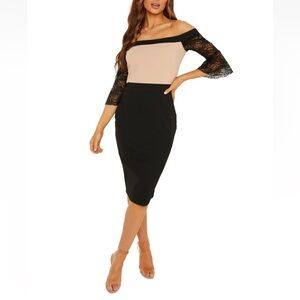 QUIZ Black & Nude Pull-on Fluted Elbow Length Sleeves Body Con Dress - Reemoly
